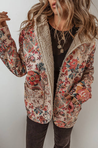 LDC Vintage Paisley Floral Sherpa Lined Hooded Jacket: Beige / L