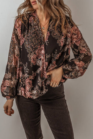 LDC Floral Print Criss Cross V Neck Balloon Sleeve Blouse: Black / M