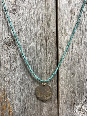 17344 Turquoise Seed Beads with Buffalo Nickel Drop